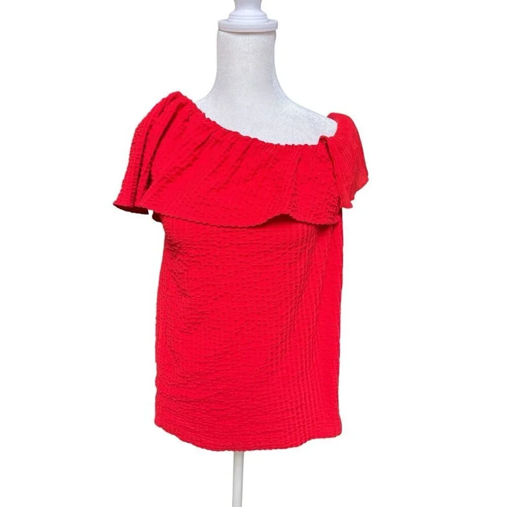 Club Monaco Red Off Shoulder Textured Top Small Petite Stretch